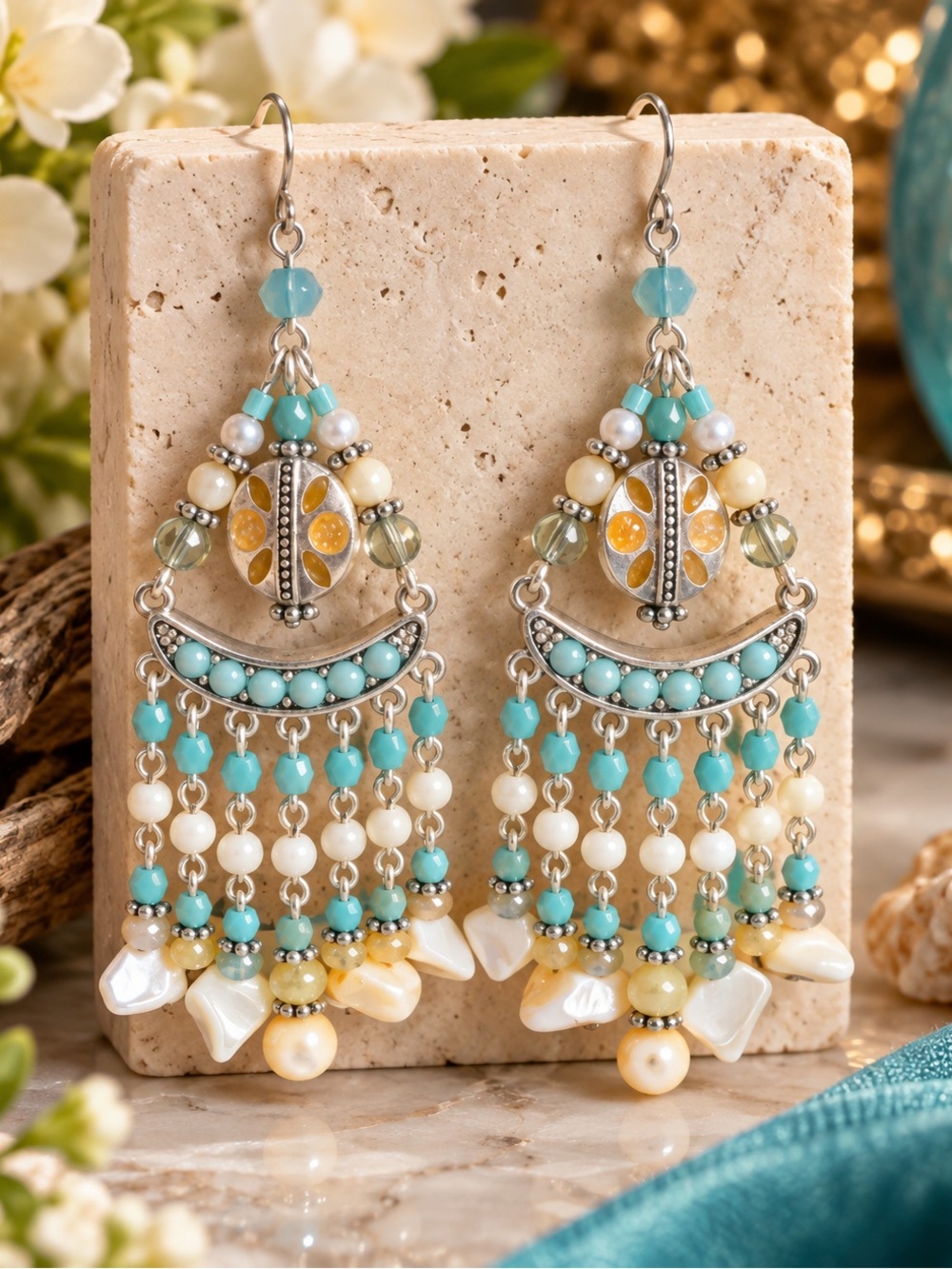 NOS Vintage Liz Claiborne Chandelier Earrings Turquoise White Beaded Dangle Boho